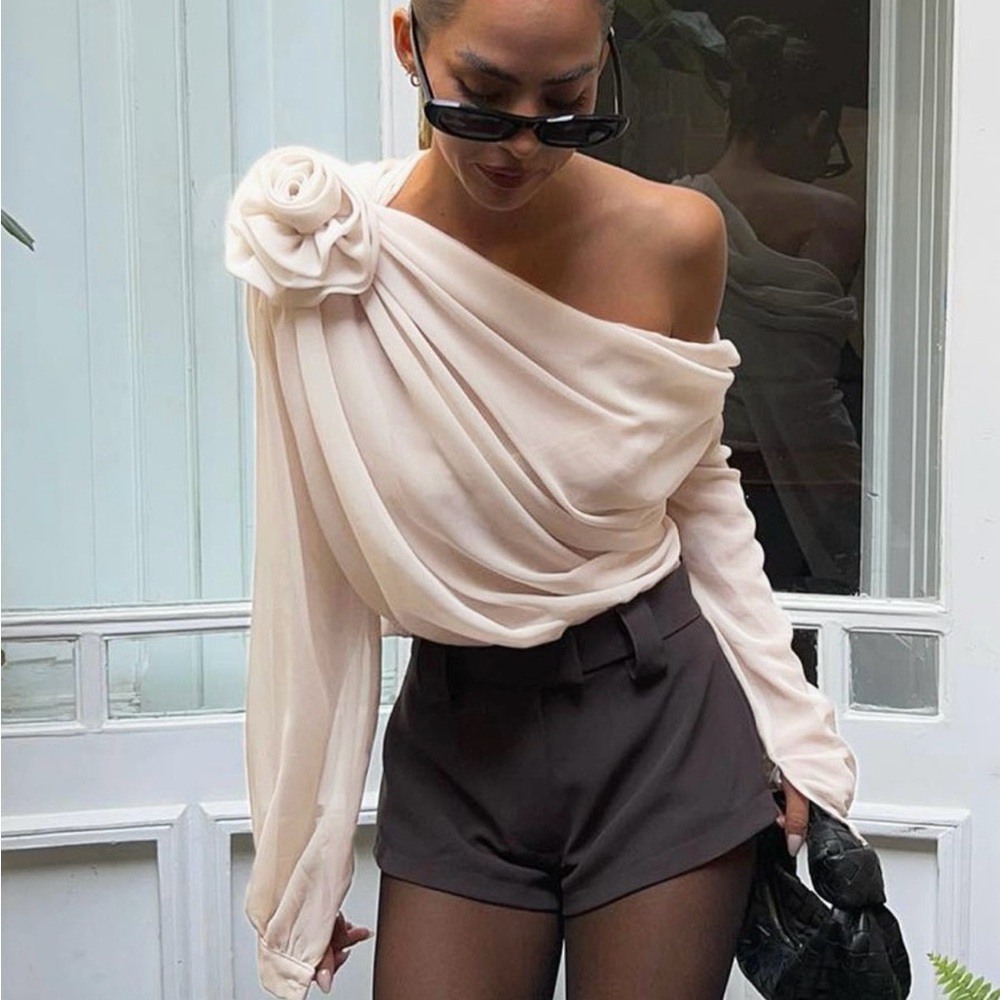 Commense Apricot Chiffon Semi-Sheer One Shoulder Asymmetrical Blouse